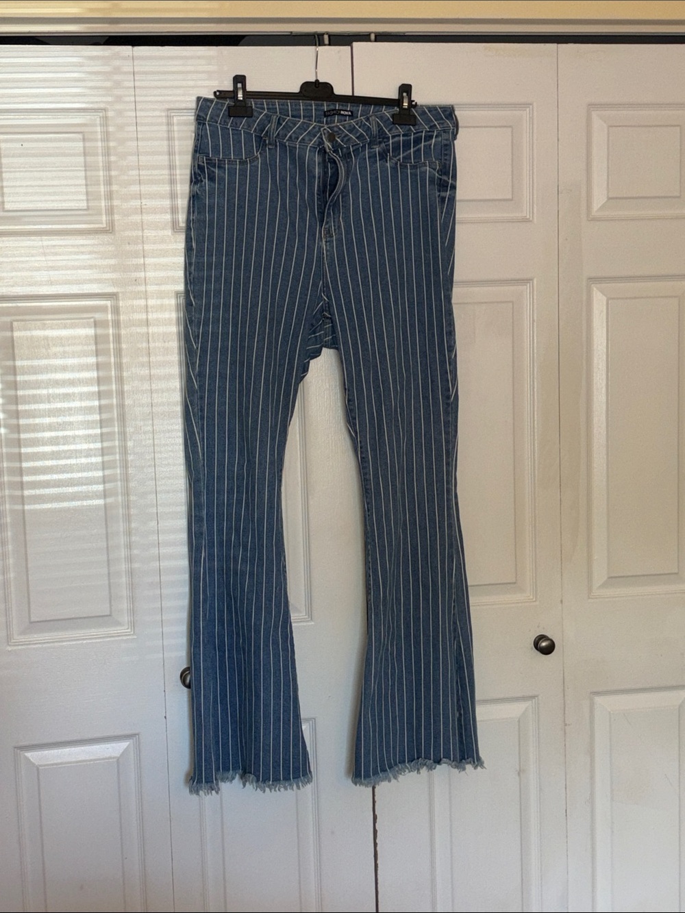 Fashion Nova Blue Pinstripe Flare Jeans